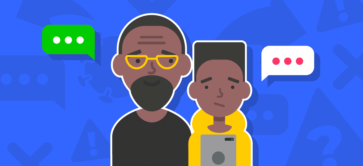 A boy and a dad talking along with icons related to misinformation.