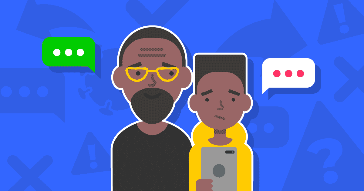 Een jongen en een vader praten mee met iconen die verband houden met desinformatie.