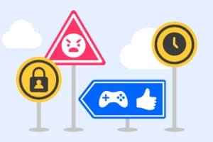 Road signs with internet icons related to gaming, security, social media and screen time.