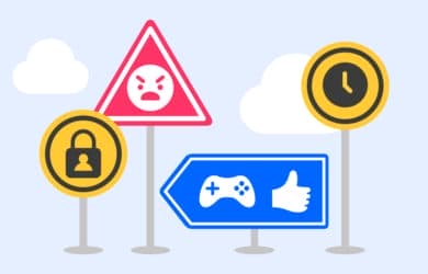 Road signs with internet icons related to gaming, security, social media and screen time.