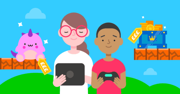 一个孩子拿着平板电脑微笑，另一个孩子拿着视频游戏控制器微笑。 带有价格标签的数字物品代表游戏内的支出。