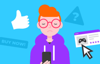Een tiener met een frons gebruikt zijn smartphone als iconen die oplichting via sociale media laten zien.