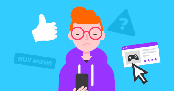 Un adolescent avec un froncement de sourcils utilise son smartphone alors que des icônes montrant des escroqueries sur les réseaux sociaux flottent autour d'eux.