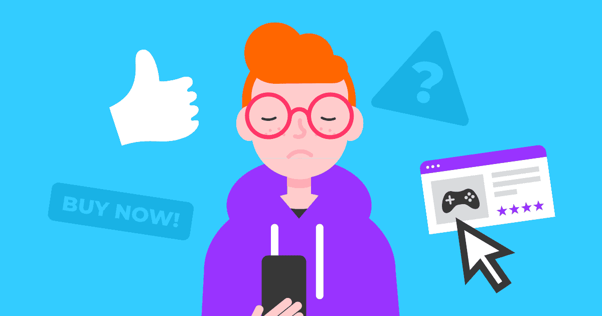 Ein digitales Bild eines Jungen mit orangefarbenen Haaren und einem lila Pullover auf blauem Hintergrund. Im Hintergrund sind Symbole für „JETZT KAUFEN“, Artikelbewertungen und Warnsymbole in Bezug auf Online-Betrügereien für Teenager und Kinder verstreut.