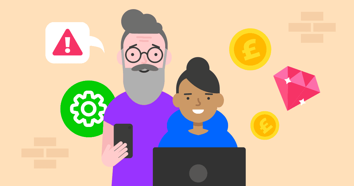 Een vader en kind met apparaten omringd door iconen die te maken hebben met geld en online uitgaven.