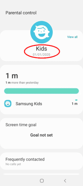 Schermata completa di registrazione per bambini Samsung