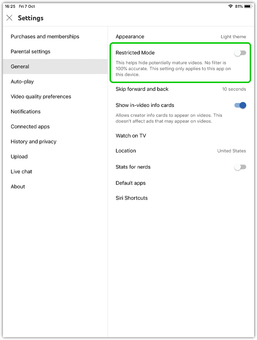 Screenshot of YouTube app settings with Restricted Mode highlighted