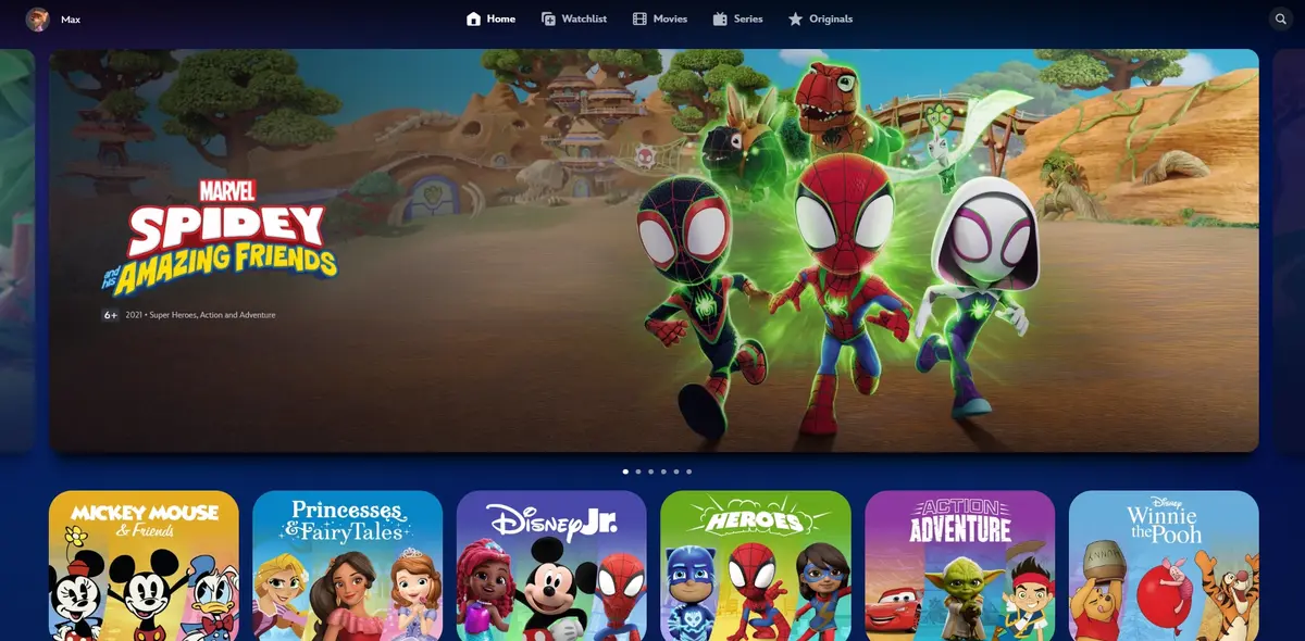 Disney Plus Startpagina voor de juniormodus