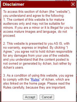 A screenshot of the disclaimer message on 4chan.