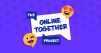 Um logotipo que diz 'The Online Together Project' em um balão de fala com um rosto piscando e um rosto com corações de amor para os olhos para representar os questionários que abordam o ódio online como a misoginia e quebram os estereótipos de gênero.