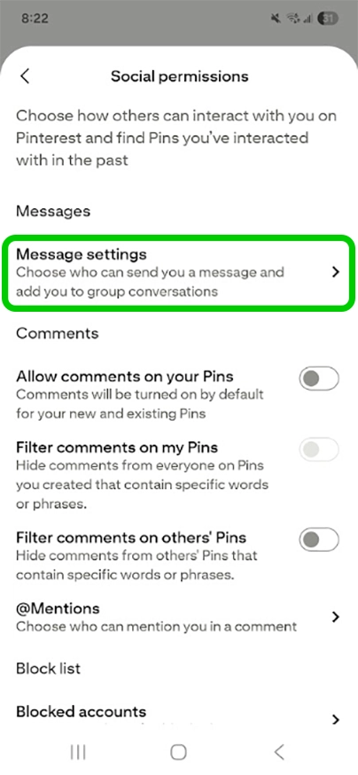 Pinterest message settings