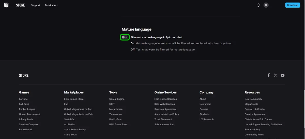 Epic Games mature language filter