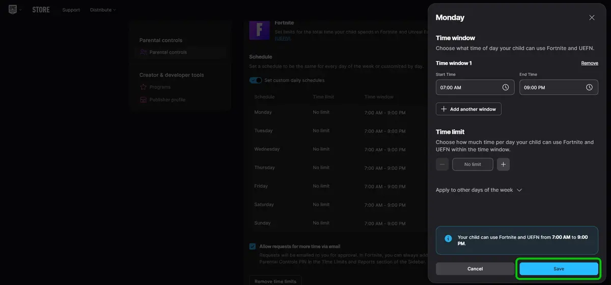 Epic Games editing time window