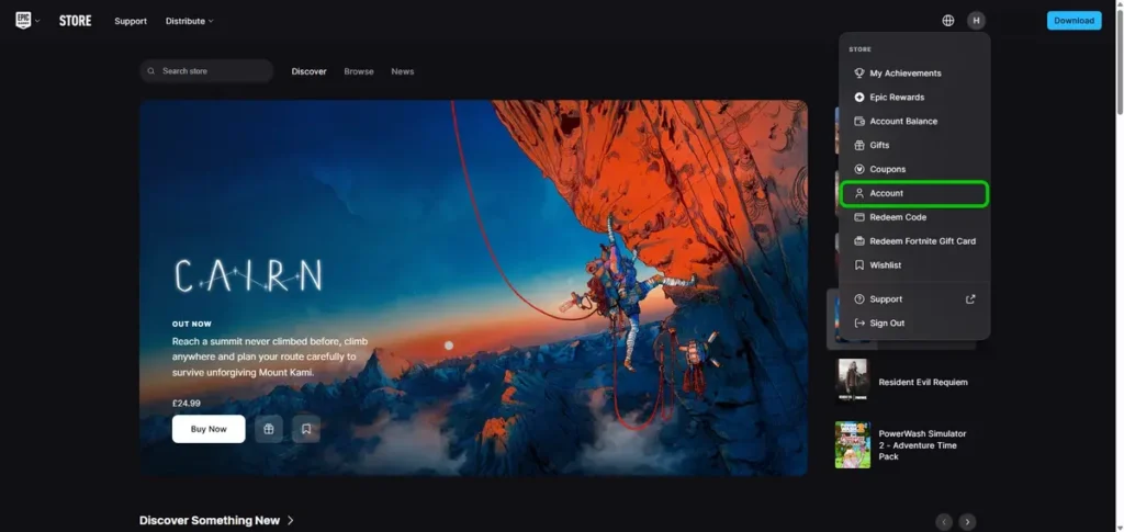Epic Games menu with account highlighted