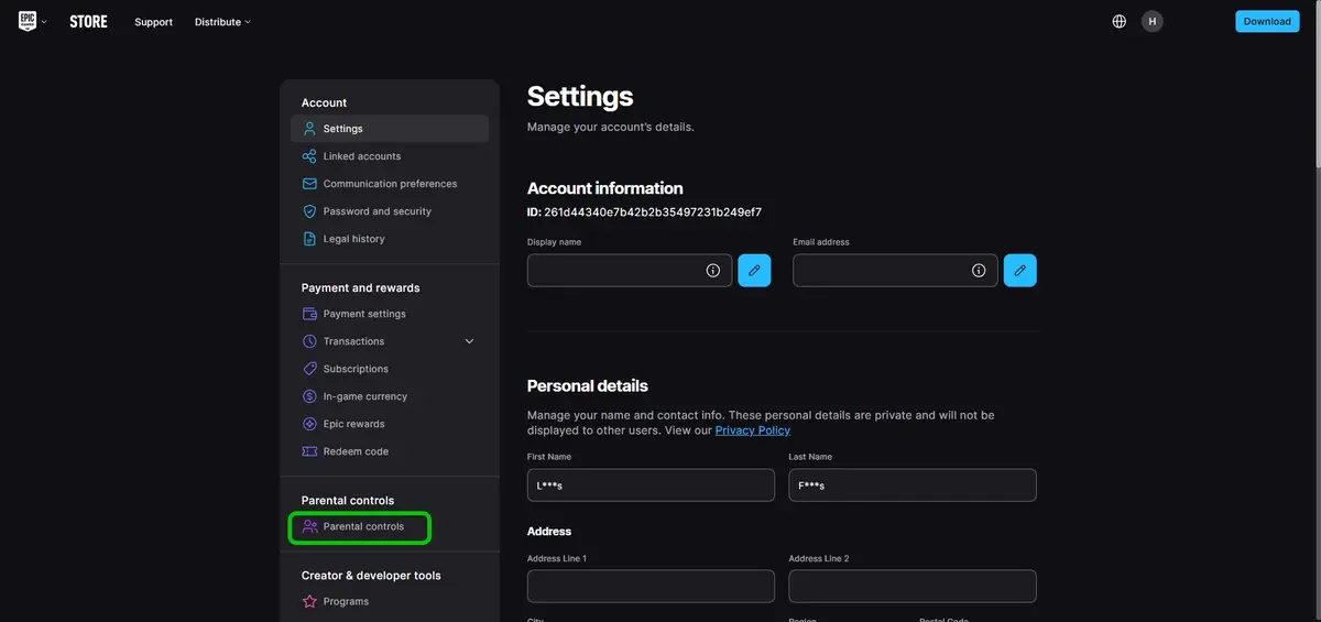 Epic Games account settings with parental controls highlighted