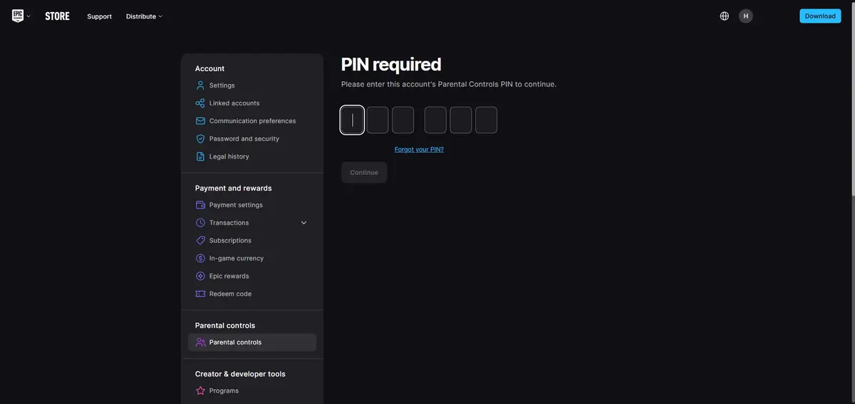 Epic Games select PIN