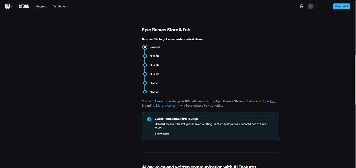 Epic Games age rating controls