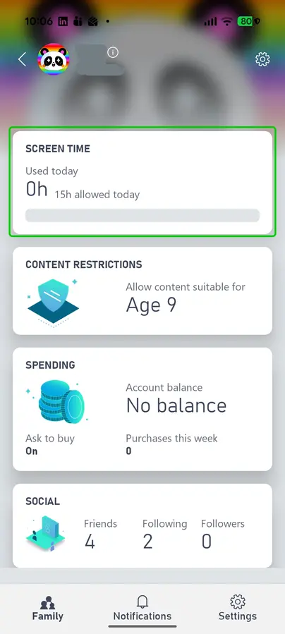 Minecraft PC Settings with Screen Time highlighted