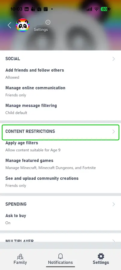 Minecraft PC settings with Content restrictions highlighted