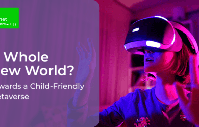 Girl wearing VR headset with pink and purple lighting and text that reads 'A Whole New World? Towards a Child-Friendly Metaverse'