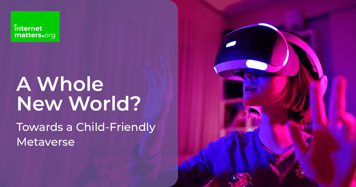 Menina usando fone de ouvido VR com iluminação rosa e roxa e texto que diz 'A Whole New World? Rumo a um Metaverso Amigo da Criança'