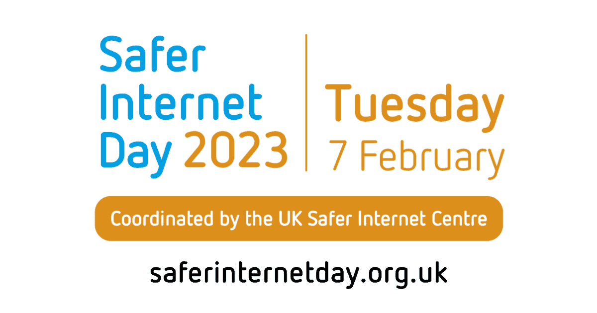 Текст гласит: «День более безопасного Интернета 2023 | Вторник, 7 февраля. Координируется Центром безопасного Интернета Великобритании, saferinternetday.org.uk.