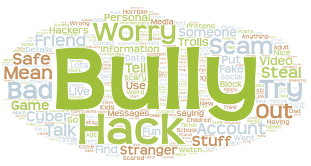 Word cloud che mostra le preoccupazioni dei bambini sull'essere online. Le parole più grandi includono Bully, Hack, Worry, Try e Bad
