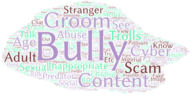 Word cloud that shows parents' concerns about their child being online. The biggest words are Bully, Groom, Content, Cyber, Age, Adult and Scam