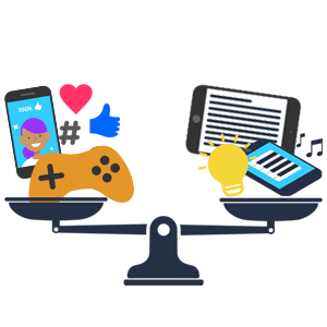 Icons on a balancing scale to show how to support girls' wellbeing. One side has a games controller, smartphone with influencer, thumbs up, heart and hash. The other side shows an ereader table, light bulb for idea and music playing app.