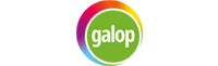Logo Galop: napis „galop” na zielonym kółku z zewnętrznym wielokolorowym kołem.