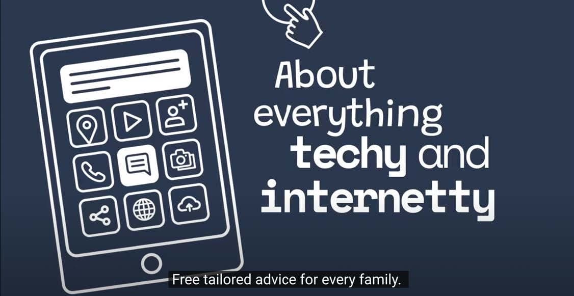 A drawn image of a tablet showing different app icons. Text reads 'About everything techy and internetty' with a screen caption reading 'Free tailored advice for every family'.