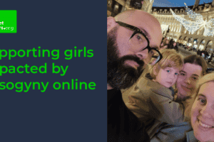 Vierköpfige Familie, einschließlich der Artikelthemen Barney und Betty. Das Logo und der Text von Internet Matters befinden sich auf einem dunkelblauen Hintergrund. Der Text lautet „Unterstützung von Mädchen, die online von Frauenfeindlichkeit betroffen sind“.