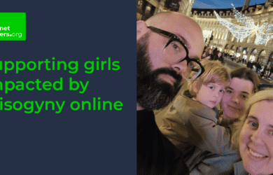 Familia de cuatro, incluidos los sujetos del artículo, Barney y Betty. El logotipo y el texto de Internet Matters se encuentran sobre un fondo azul oscuro. El texto dice "Apoyando a las niñas afectadas por la misoginia en línea".