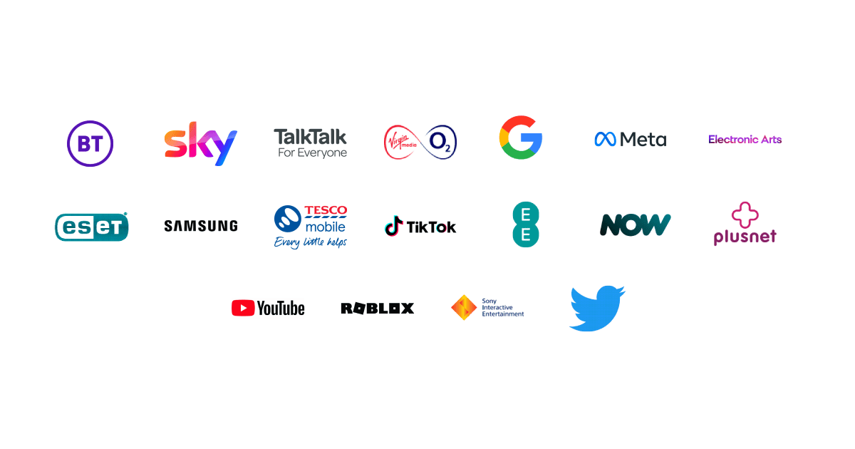 Een verzameling logo's van zakelijke partners en supporters van Internet Matters: BT, Sky, TalkTalk, Virgin O2, Google, Meta, Electronic Arts, ESET, Samsung, Tesco Mobile, TikTok, EE, Now, Plusnet, YouTube, Roblox, Sony Interactive Entertainment en Twitter.