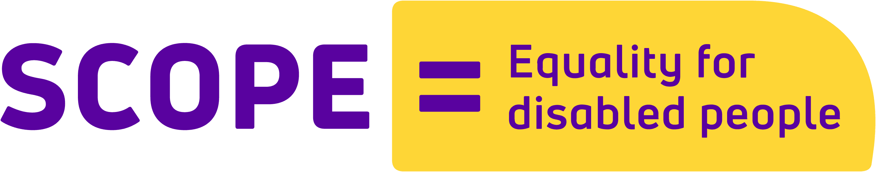 Логотип Scope UK с надписью «Scope», знак равенства, «Равенство для людей с ограниченными возможностями».