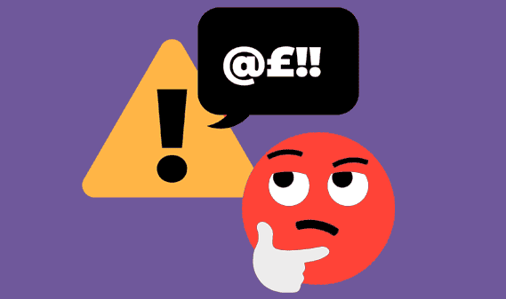 A red thinking face, yellow warning symbol and a black speech bubble with text symbols @£!! to represent hate speech.