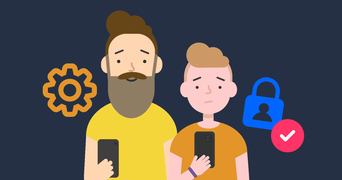 Um pai e um filho seguram smartphones com uma engrenagem de configurações, cadeado e marca ao lado deles para representar a segurança da conta.