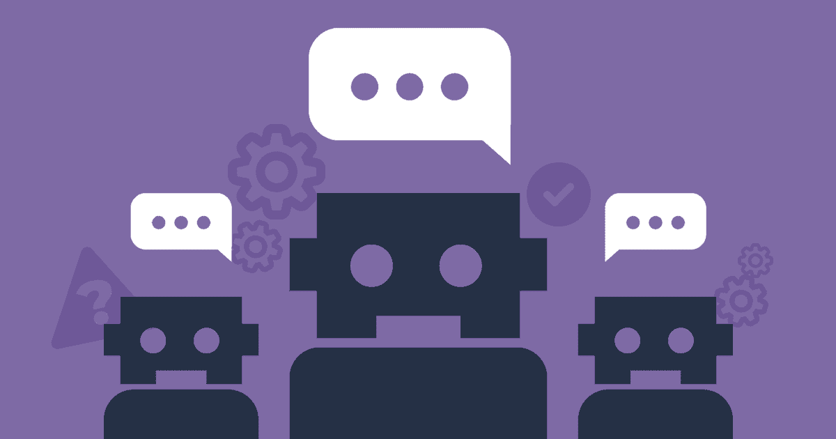 Tres bots con globos de diálogo encima, rodeados de íconos para representar la guía interactiva de inteligencia artificial.