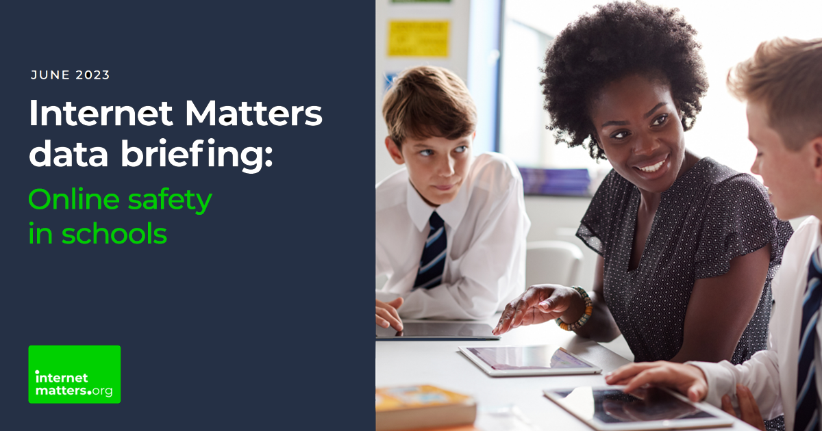 The cover of Internet Matters' data briefing for online safety in schools. Text reads 'June 2023 / Internet Matters data briefing: / Online safety in schools.'