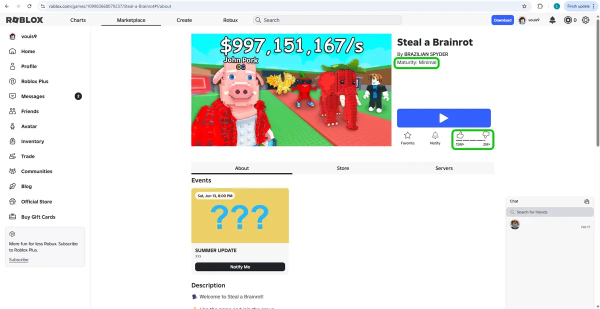 Roblox game page, highlighting reviews and maturity