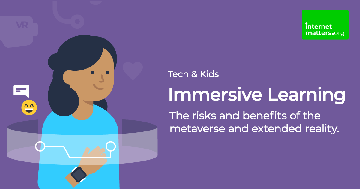 An image of a child with icons to show immersive learning in the metaverse. Text reads 'Tech and Kids / Immersive Learning / The risks and benefits of the metaverse and extended reality.'