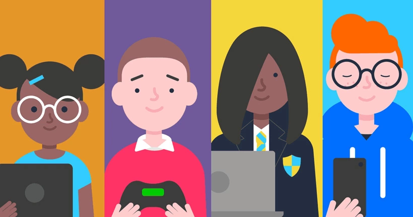 A little girl on a tablet, a child holding a gaming controller, a teen in uniform holding a laptop and a teen holding a smartphone.