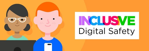 Een meisje met een laptop en een jongen met een smartphone. De tekst leest 'INCLUSIEF Digitale Veiligheid'.