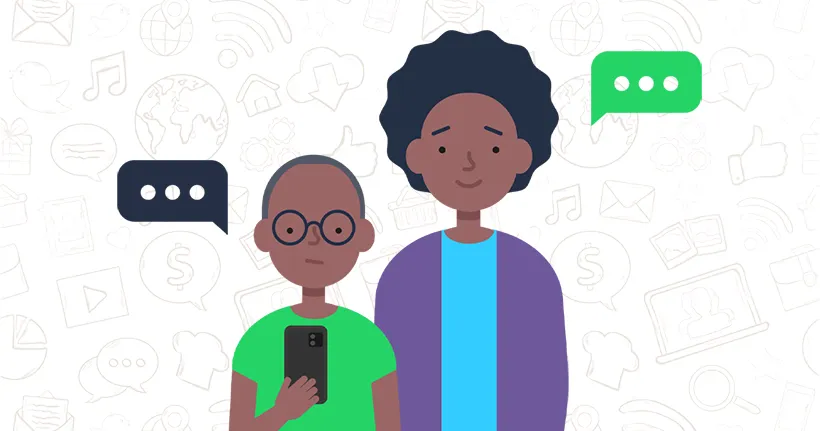 A child stands holding their smartphone with their mother smiling next to them and speech bubbles beside them to suggest talking about WhatsApp safety.