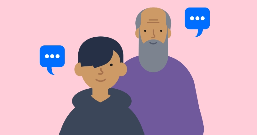 A dad and son smile with speech bubbles.