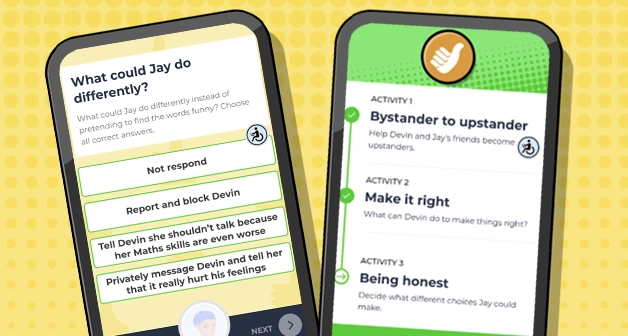 Two smartphones showing screenshots of the Interactive Activity part of the 'Is it funny or is it hate?' cyberbullying lesson from Digital Matters.