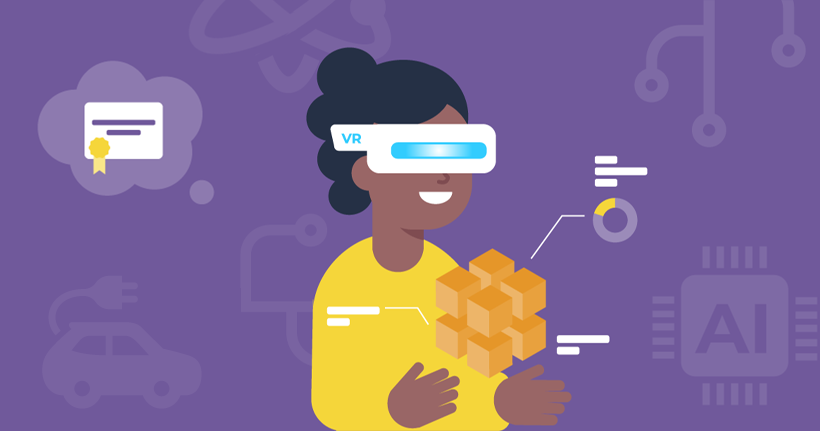 Een meisje draagt ​​een virtual reality-headset terwijl ze interactie heeft met elementen en iconen die verband houden met het opbouwen van toekomstige vaardigheden.