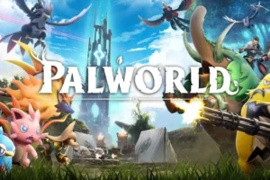 The Palworld logo on the video game start screen background.
