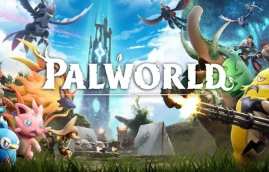 Il logo Palworld sullo sfondo della schermata iniziale del videogioco.
