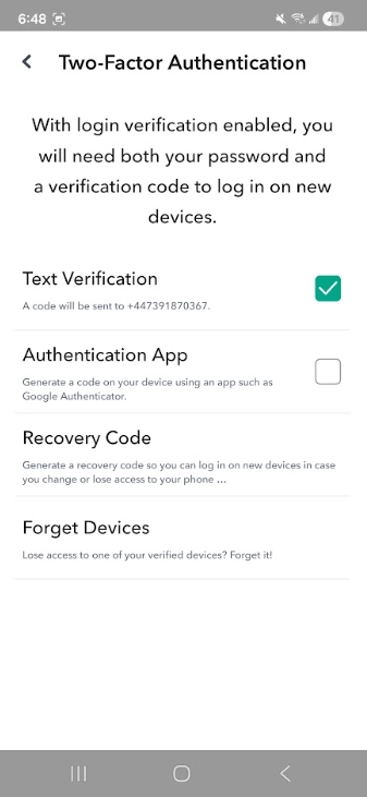 Snapchat 2FA choose verification